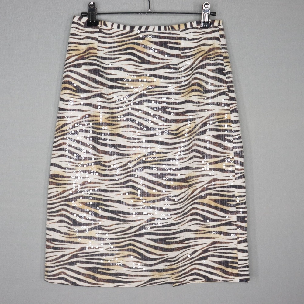Le Superbe Skirt Size 2 White Black Tan Zebra Print Sequin Pencil Back Zip Lined